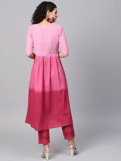 Women's Pink Ombre Dyed Half Sleeve A-Line Kurta With Pink Ankle Length Palazzo