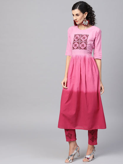 Women's Pink Ombre Dyed Half Sleeve A-Line Kurta With Pink Ankle Length Palazzo