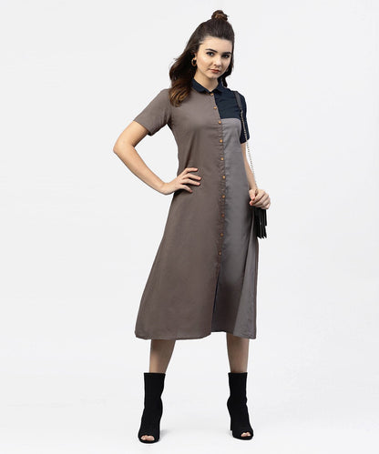 Women's Grey And Blue Color Blocking A-Line Dress With Shirt Collar And Half Sleeves