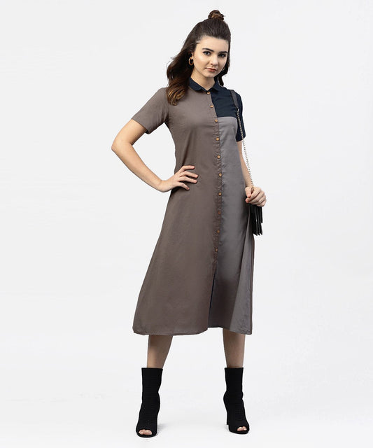 Women's Grey And Blue Color Blocking A-Line Dress With Shirt Collar And Half Sleeves