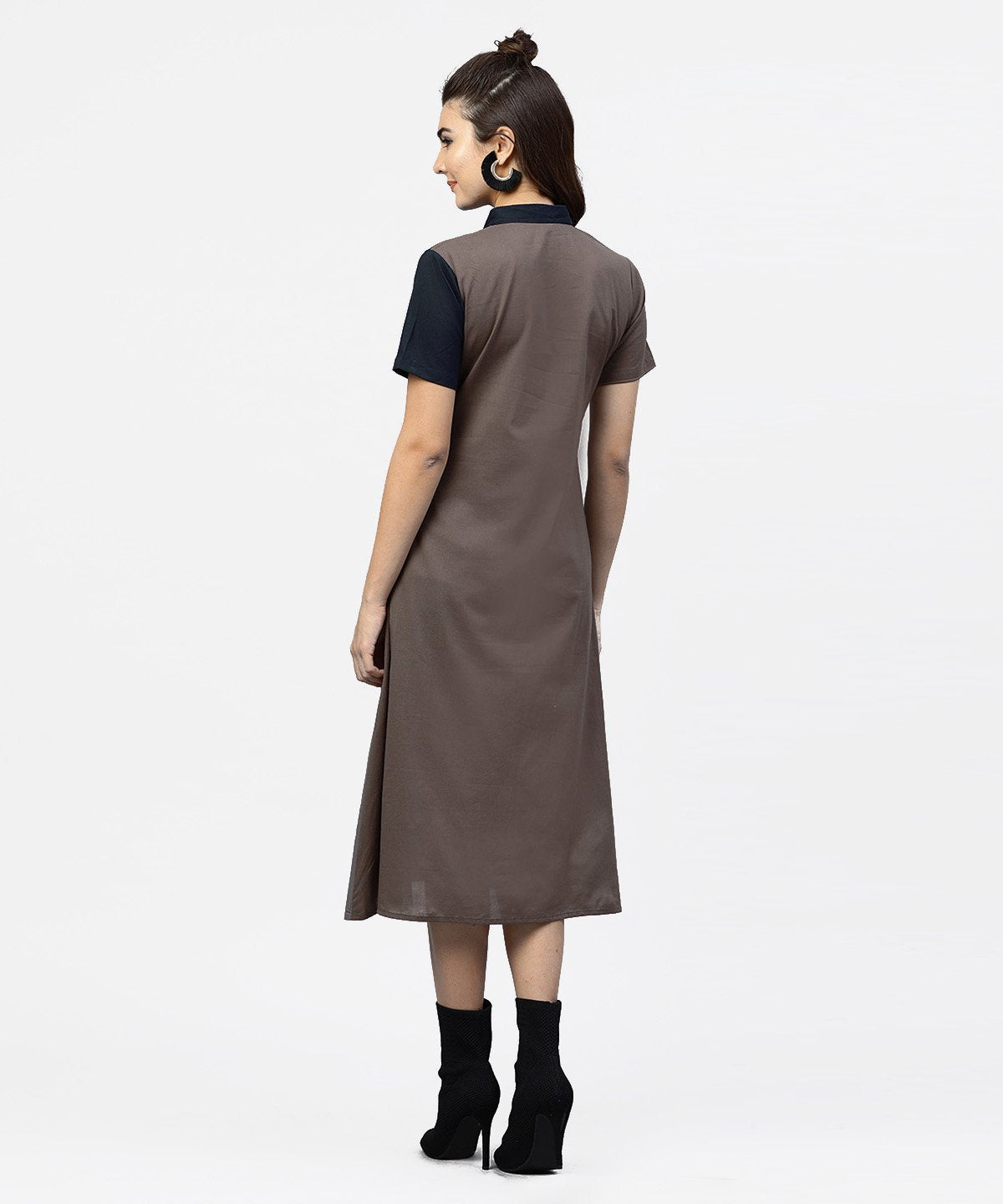 Women's Grey And Blue Color Blocking A-Line Dress With Shirt Collar And Half Sleeves