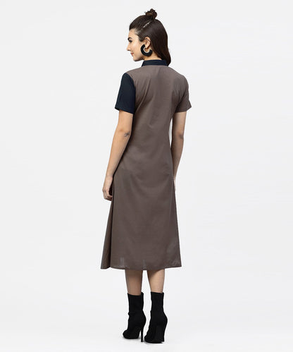 Women's Grey And Blue Color Blocking A-Line Dress With Shirt Collar And Half Sleeves