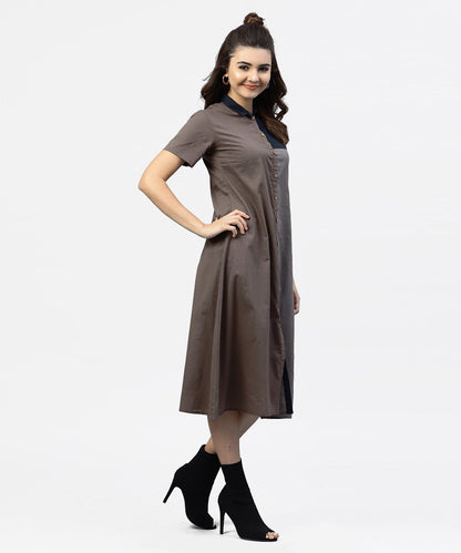 Women's Grey And Blue Color Blocking A-Line Dress With Shirt Collar And Half Sleeves