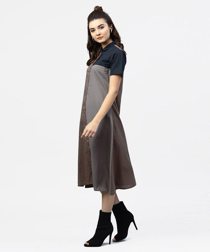 Women's Grey And Blue Color Blocking A-Line Dress With Shirt Collar And Half Sleeves