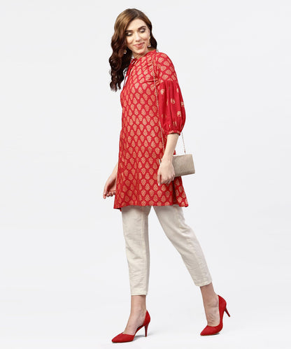 Women's Red Printed Short Kurta With Key Hole Neck And 3/4 Sleeves