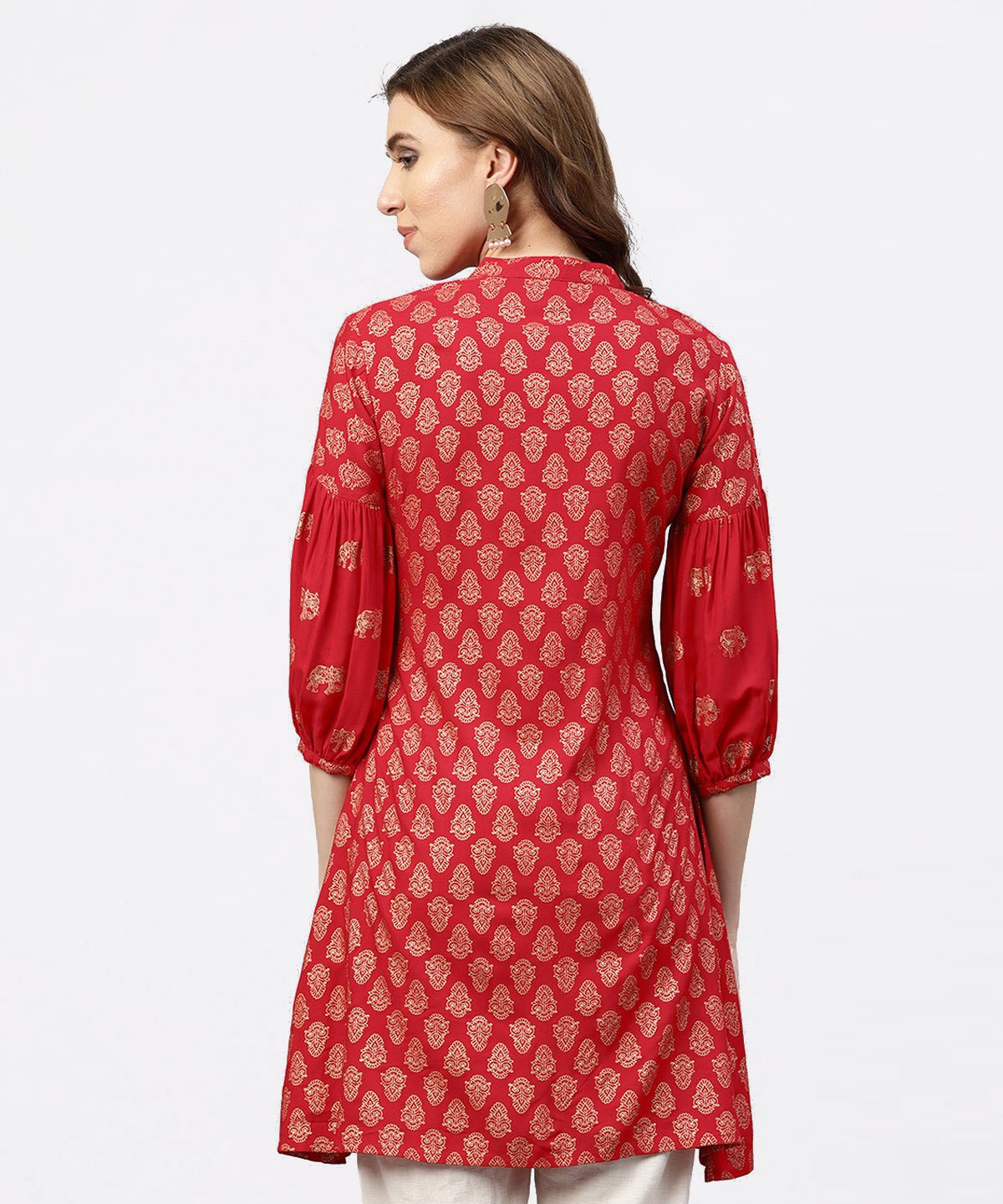 Women's Red Printed Short Kurta With Key Hole Neck And 3/4 Sleeves
