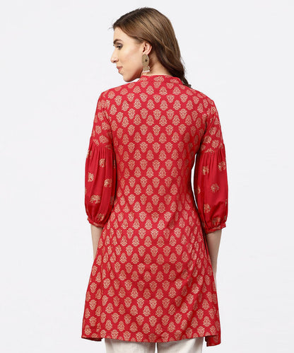 Women's Red Printed Short Kurta With Key Hole Neck And 3/4 Sleeves