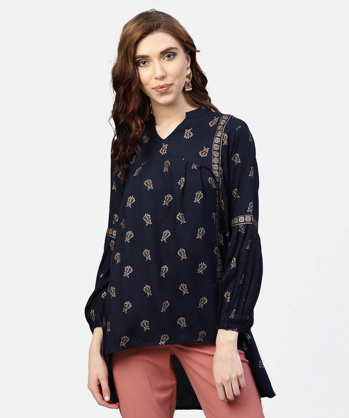 Women's Navy Blue Printed Full Sleeve Tunic With Madarin Collar