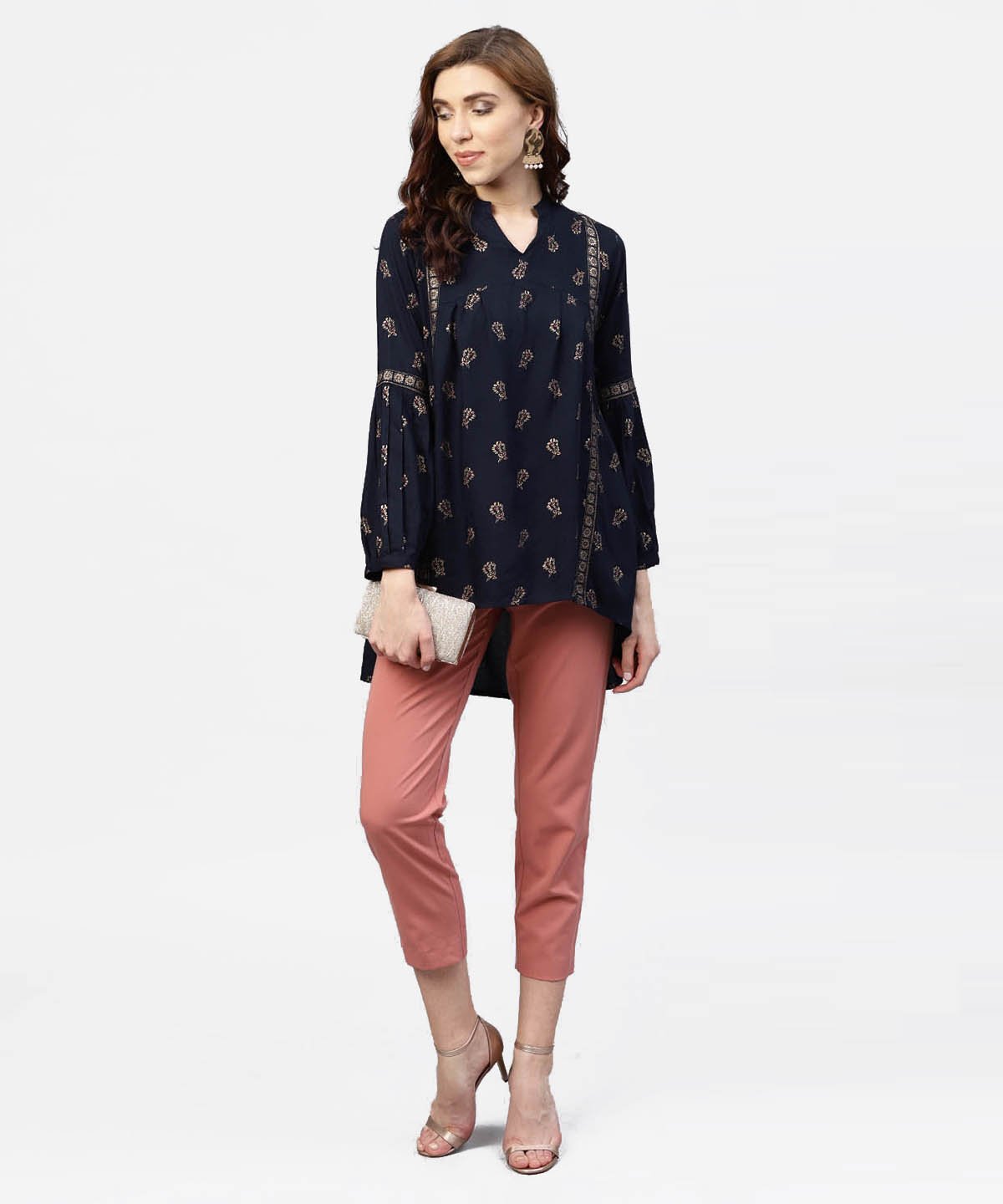Women's Navy Blue Printed Full Sleeve Tunic With Madarin Collar