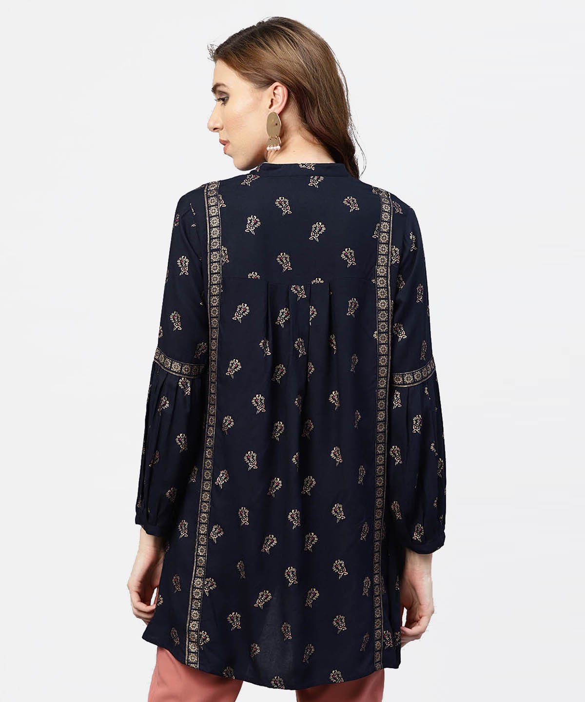 Women's Navy Blue Printed Full Sleeve Tunic With Madarin Collar