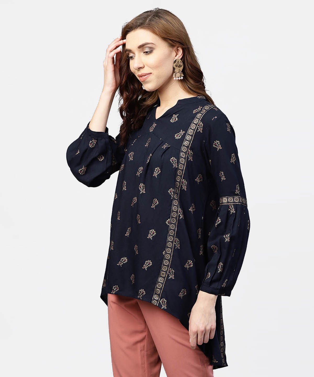 Women's Navy Blue Printed Full Sleeve Tunic With Madarin Collar