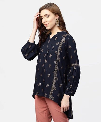 Women's Navy Blue Printed Full Sleeve Tunic With Madarin Collar