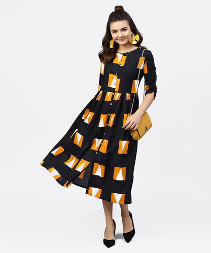 Women's Black Round Neck Printed Dress With Front Placket And 3/4 Sleeves