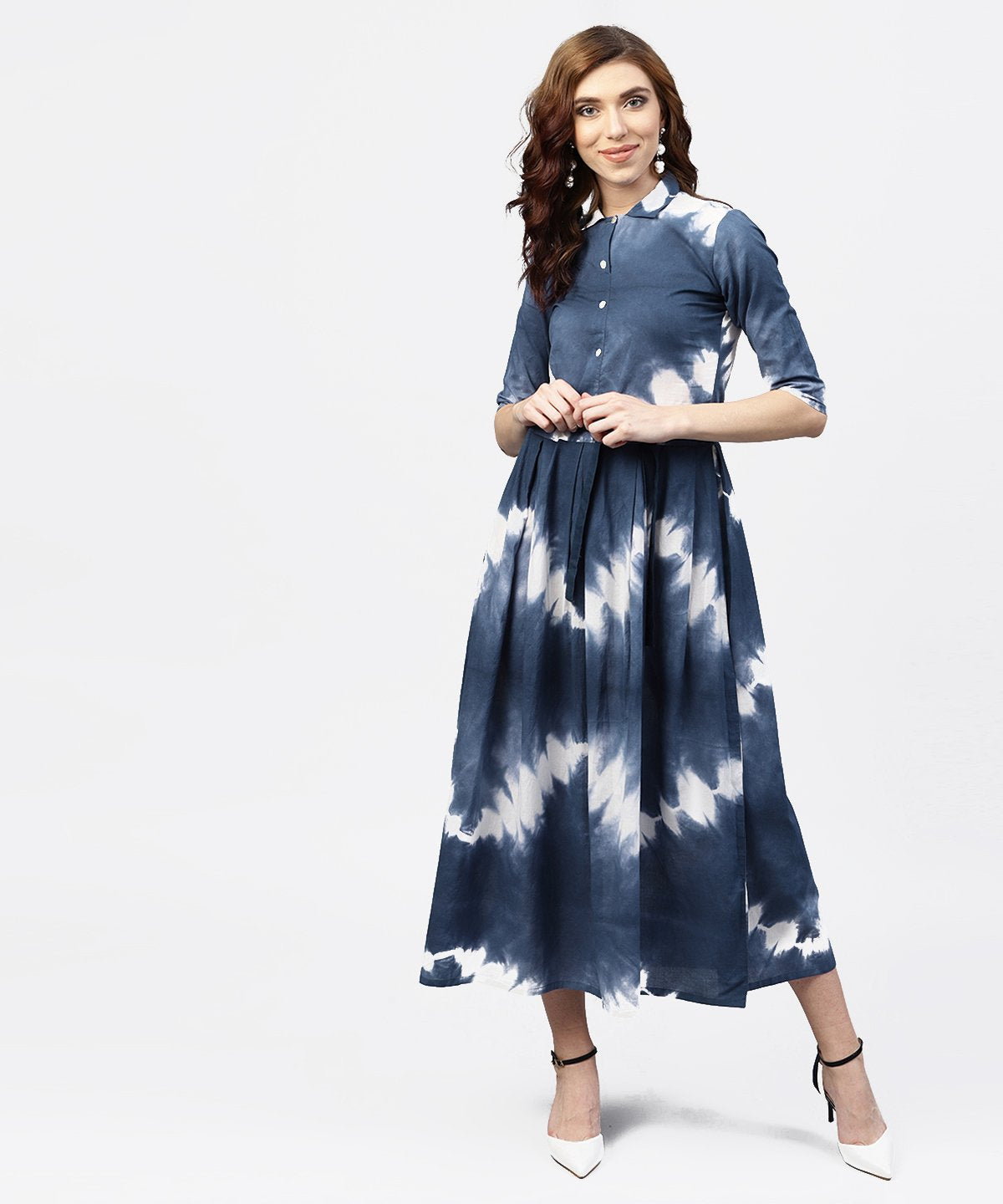 Women's Navy Blue 3/4Th Sleeve Tie Dye Printed Cotton A-Line Maxi Dress With Belt