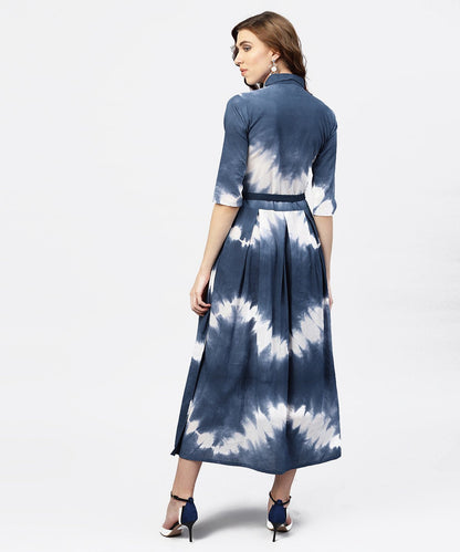 Women's Navy Blue 3/4Th Sleeve Tie Dye Printed Cotton A-Line Maxi Dress With Belt