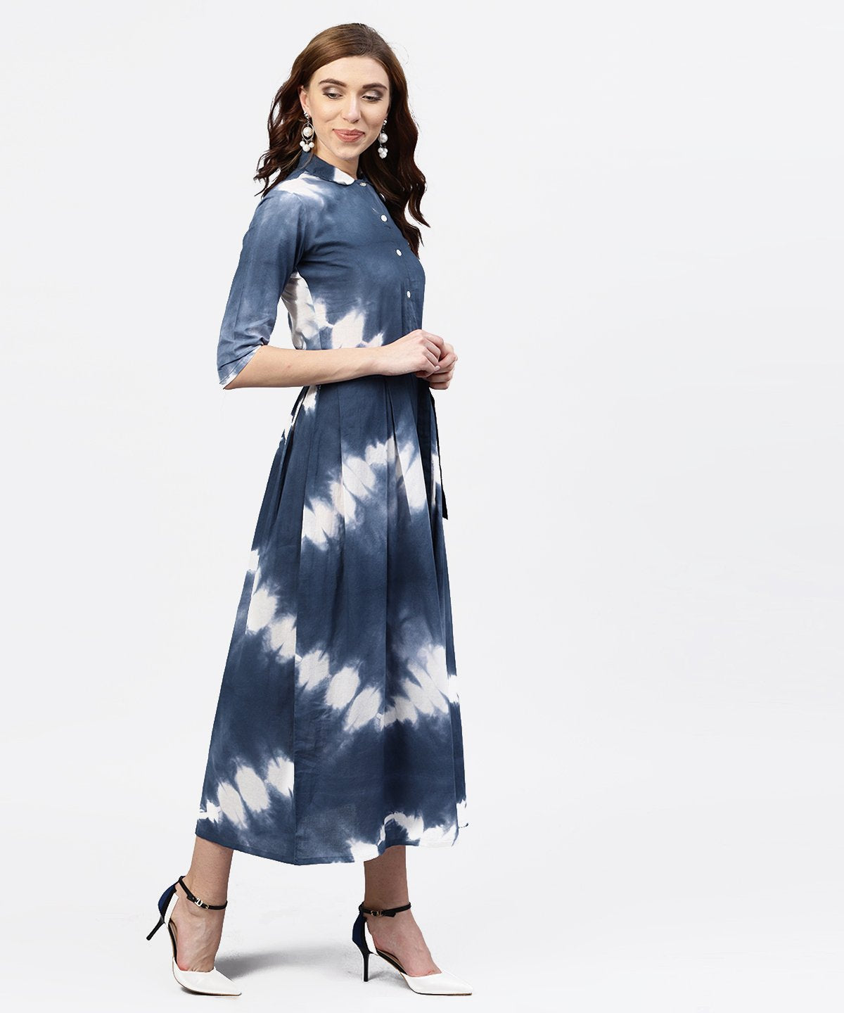 Women's Navy Blue 3/4Th Sleeve Tie Dye Printed Cotton A-Line Maxi Dress With Belt