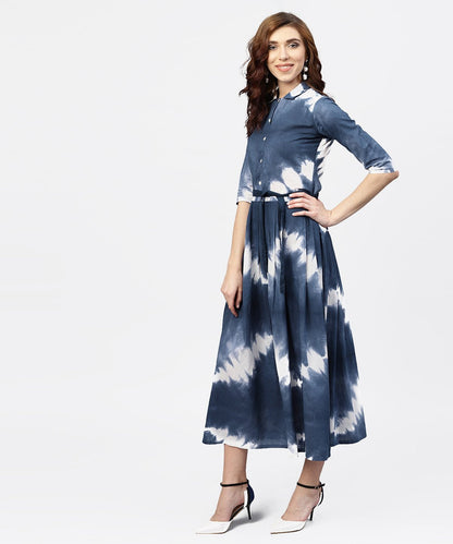 Women's Navy Blue 3/4Th Sleeve Tie Dye Printed Cotton A-Line Maxi Dress With Belt