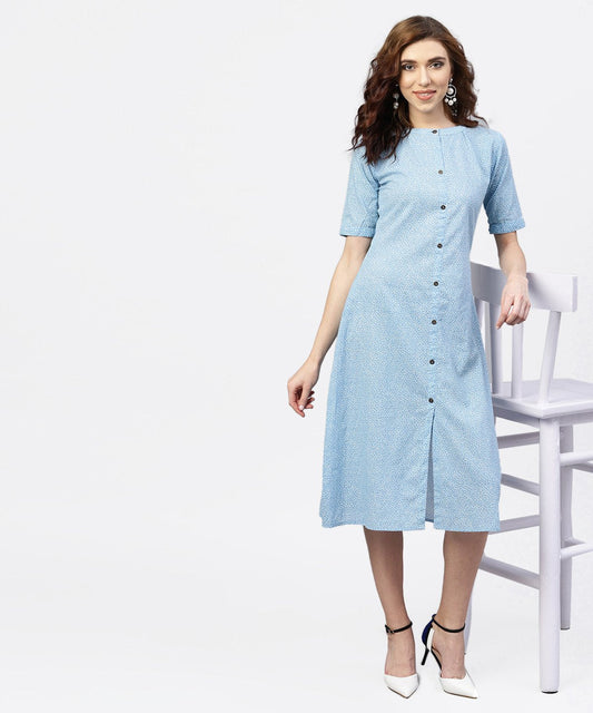 Women's Blue Printed 3/4Th Sleeve Cotton A-Line Dress