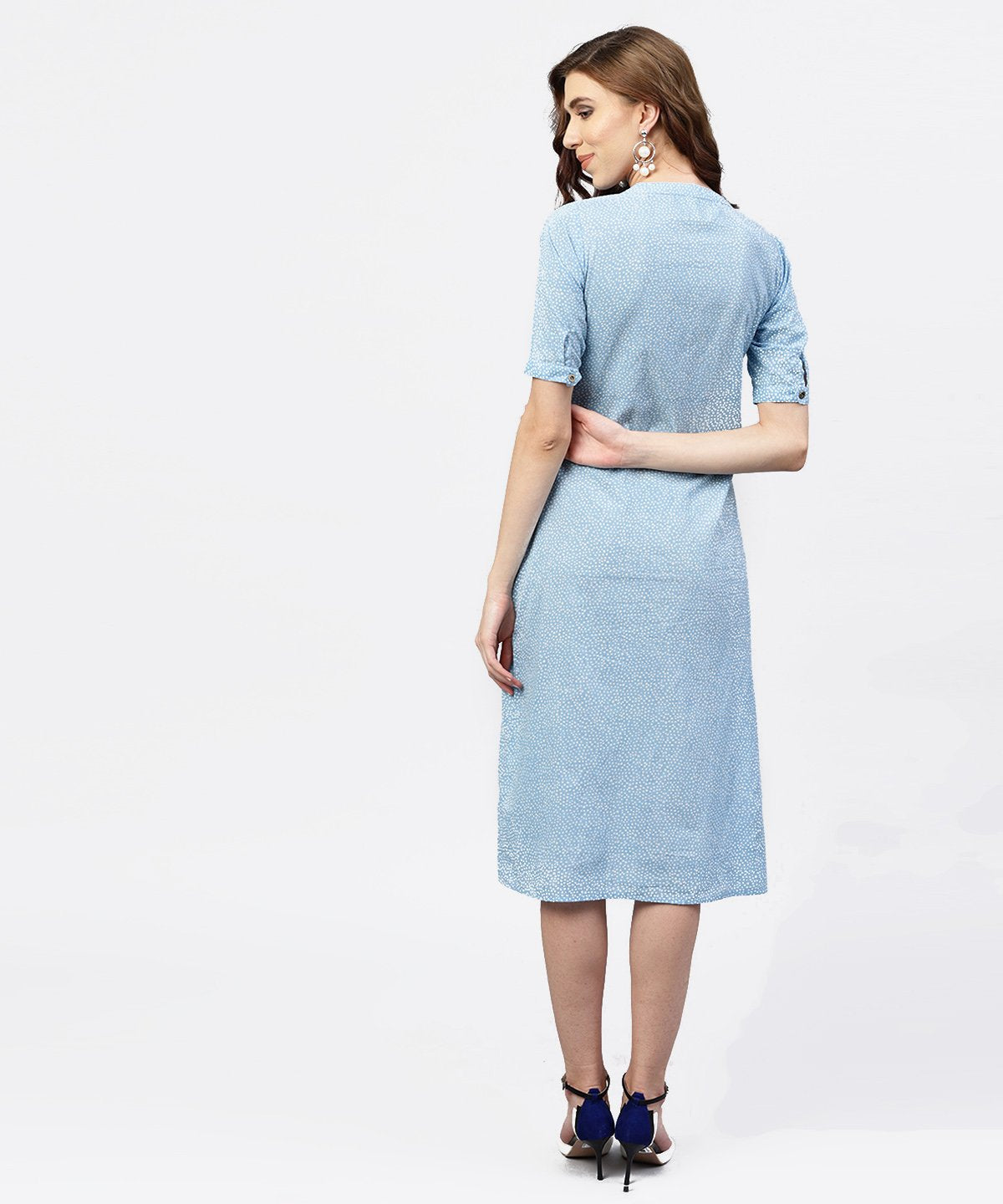 Women's Blue Printed 3/4Th Sleeve Cotton A-Line Dress