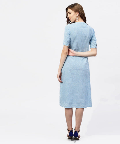 Women's Blue Printed 3/4Th Sleeve Cotton A-Line Dress