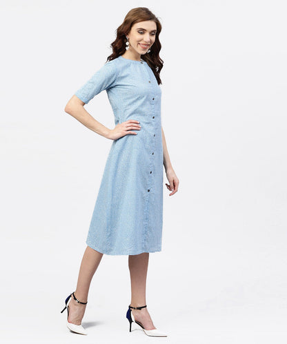 Women's Blue Printed 3/4Th Sleeve Cotton A-Line Dress