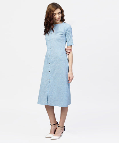 Women's Blue Printed 3/4Th Sleeve Cotton A-Line Dress