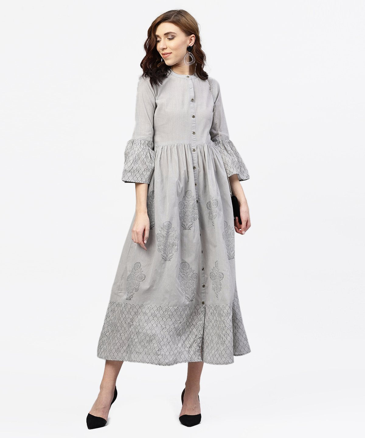 Women's Off White Block Printed 3/4Th Sleeve Maxi Dress In Handloom Fabric