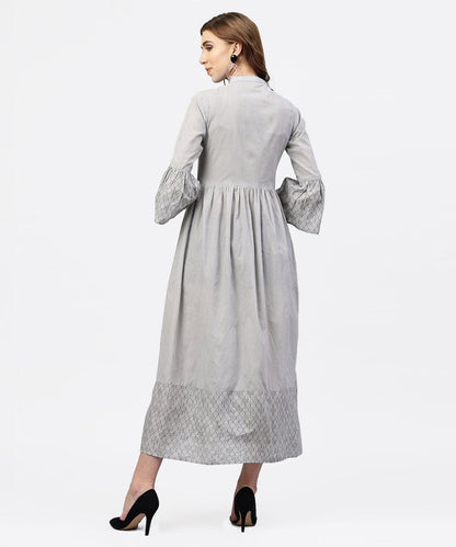 Women's Off White Block Printed 3/4Th Sleeve Maxi Dress In Handloom Fabric