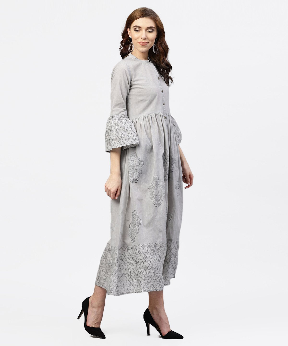Women's Off White Block Printed 3/4Th Sleeve Maxi Dress In Handloom Fabric