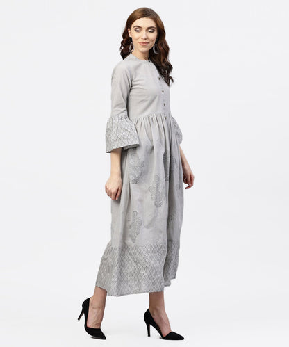 Women's Off White Block Printed 3/4Th Sleeve Maxi Dress In Handloom Fabric