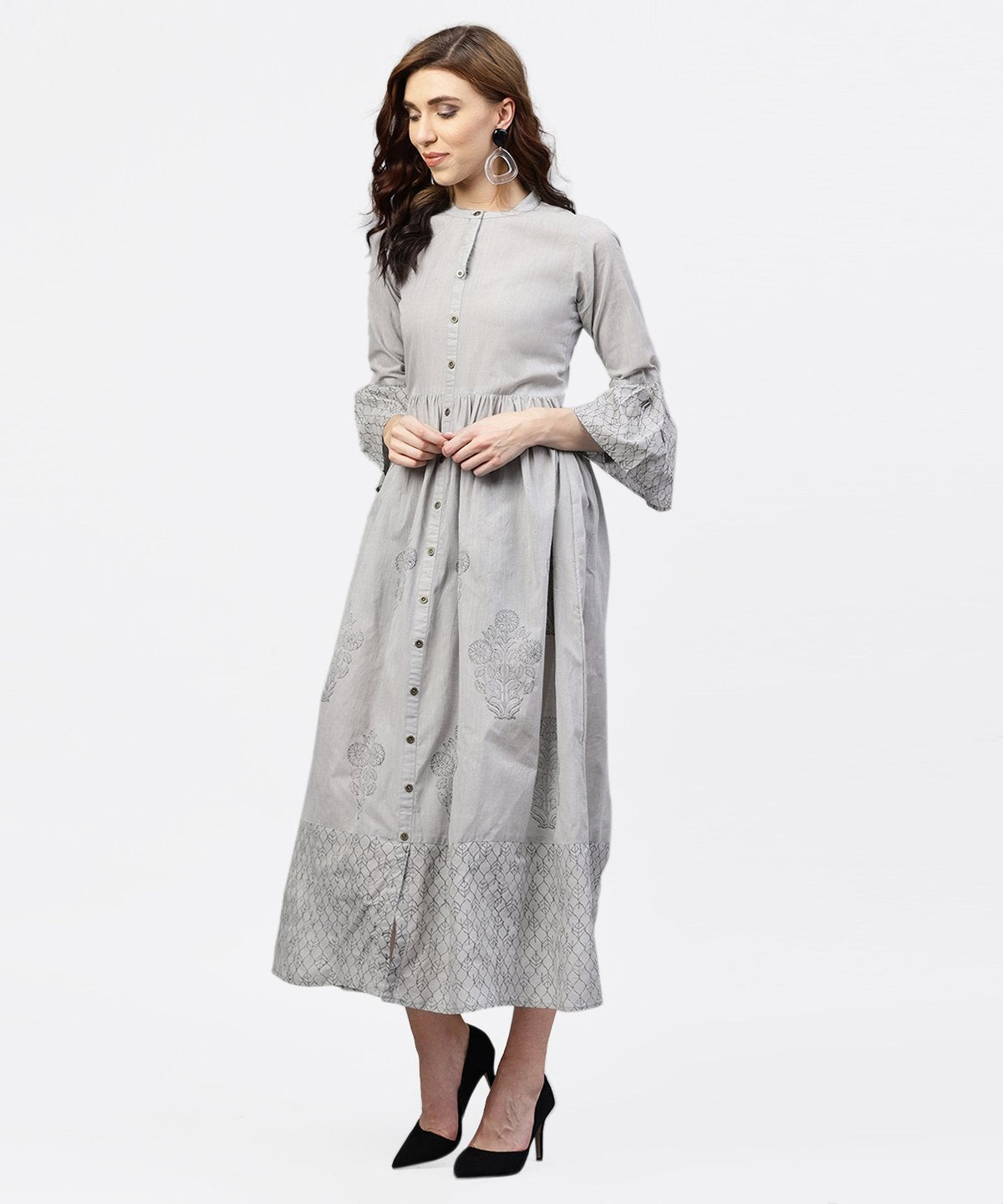 Women's Off White Block Printed 3/4Th Sleeve Maxi Dress In Handloom Fabric