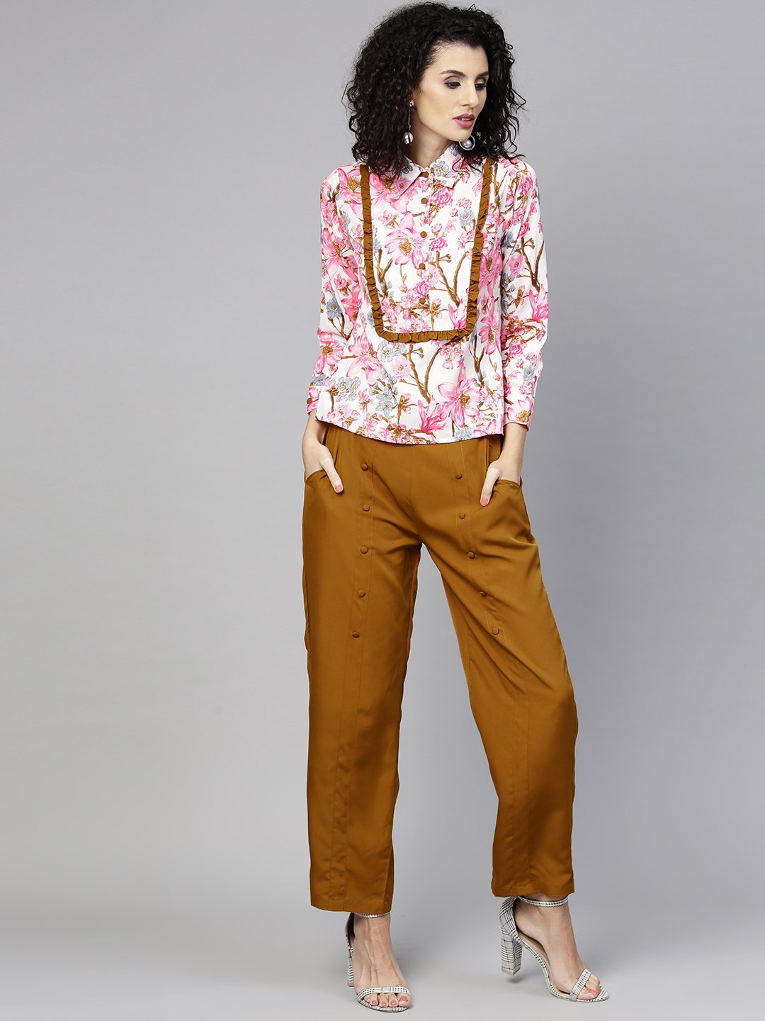 Women's Pink & Mustard Yellow Printed Top With Trousers