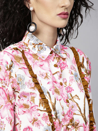 Women's Pink & Mustard Yellow Printed Top With Trousers