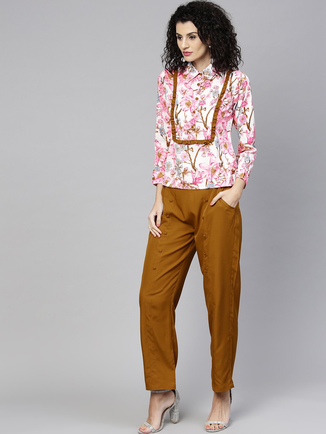 Women's Pink & Mustard Yellow Printed Top With Trousers