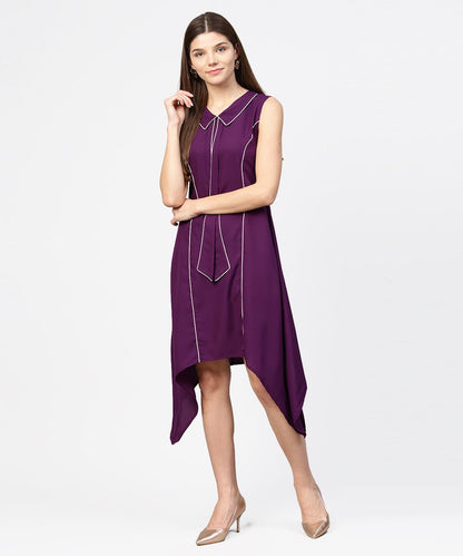 Women's Purple Sleeveless A-Line Dress With Piping Work