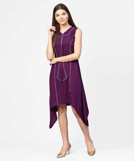 Women's Purple Sleeveless A-Line Dress With Piping Work