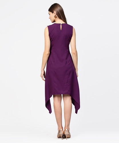 Women's Purple Sleeveless A-Line Dress With Piping Work