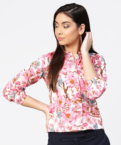 Women's Pink Flower Print Full Sleeve Crop Tops