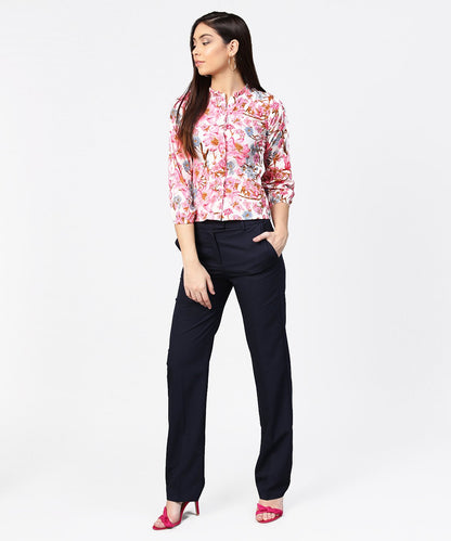 Women's Pink Flower Print Full Sleeve Crop Tops