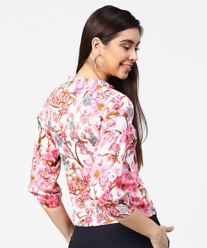 Women's Pink Flower Print Full Sleeve Crop Tops