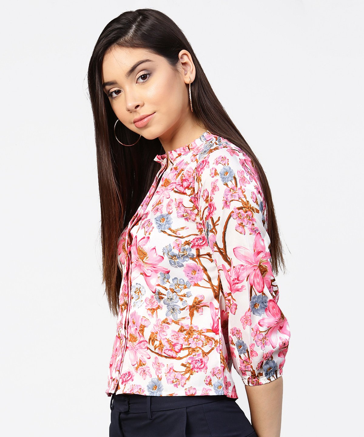 Women's Pink Flower Print Full Sleeve Crop Tops