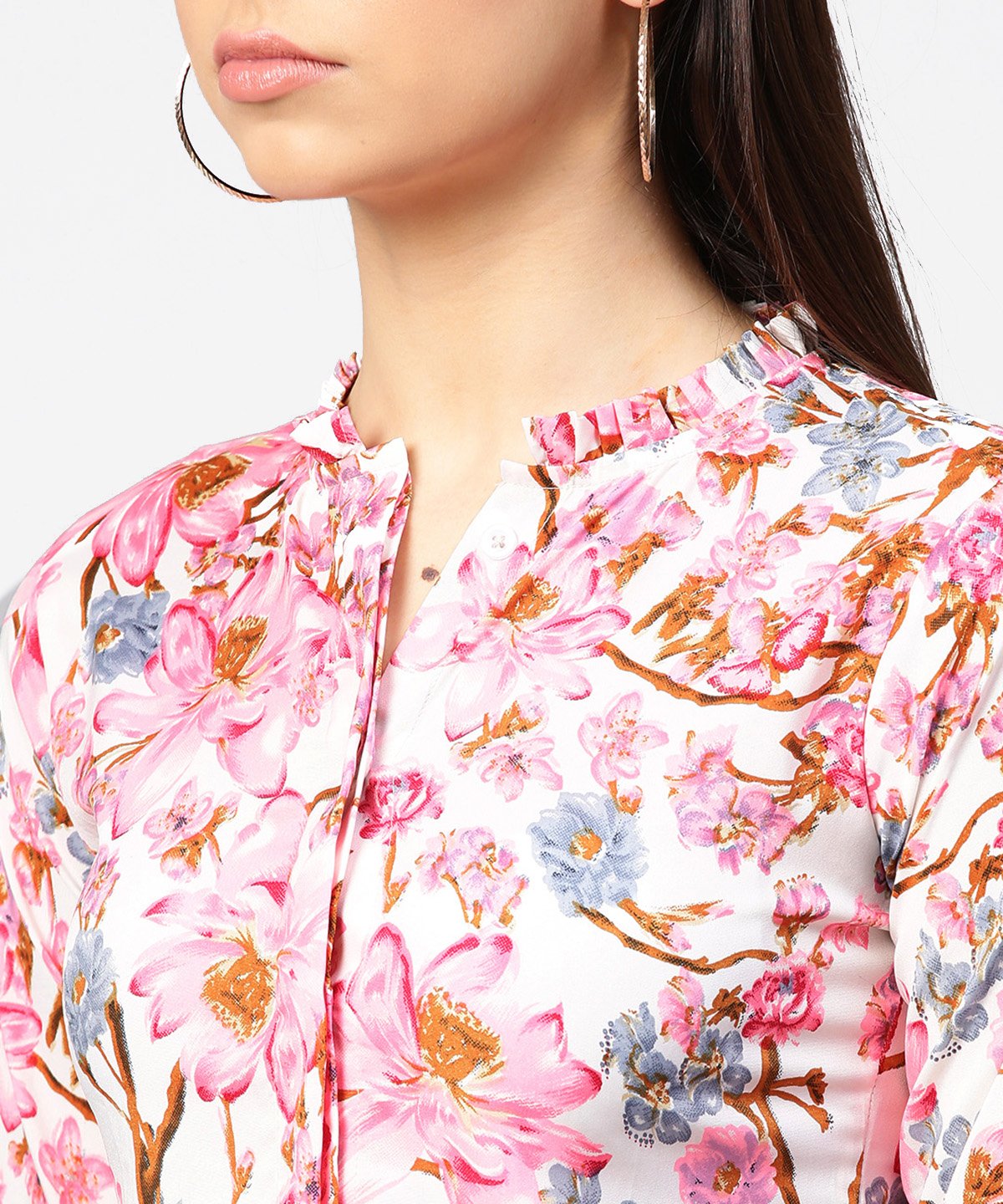 Women's Pink Flower Print Full Sleeve Crop Tops