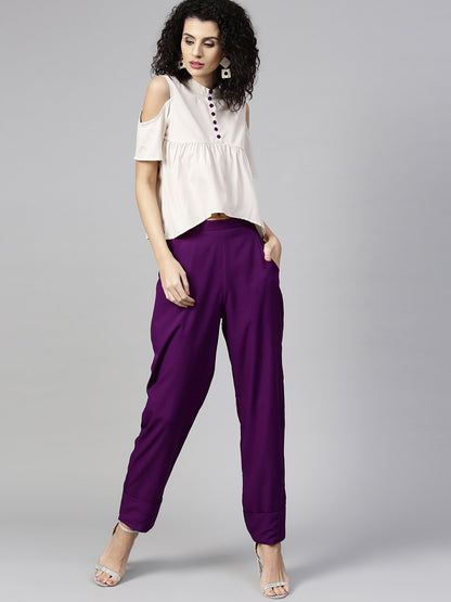 Women's Off-White & Purple Solid Top With Trousers