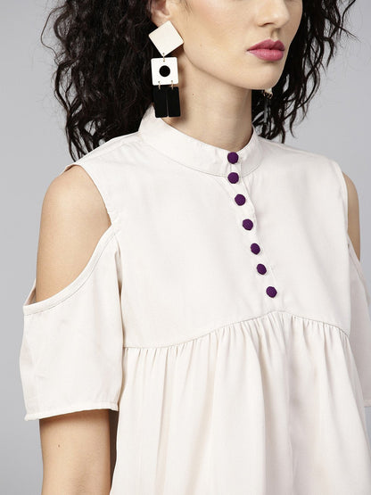 Women's Off-White & Purple Solid Top With Trousers