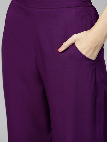 Women's Off-White & Purple Solid Top With Trousers