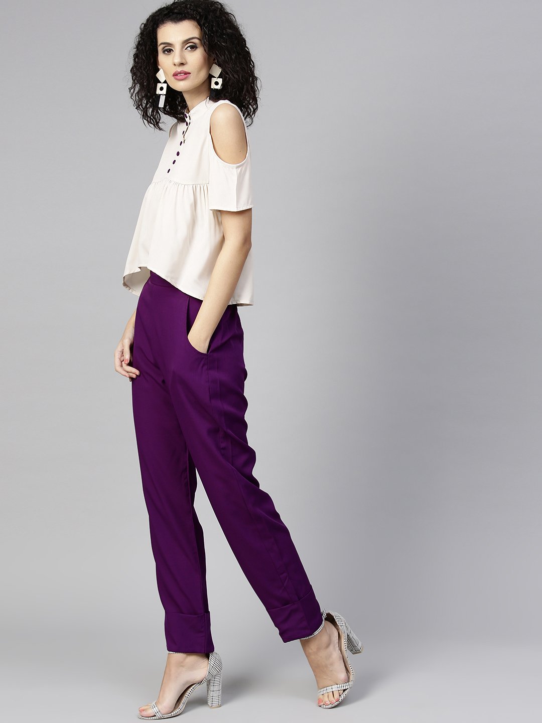 Women's Off-White & Purple Solid Top With Trousers