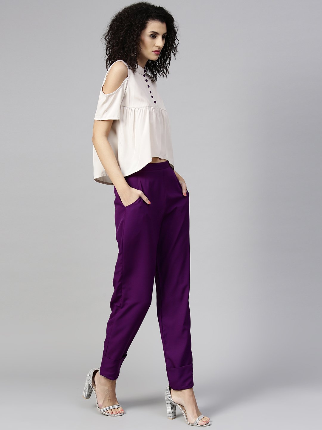Women's Off-White & Purple Solid Top With Trousers