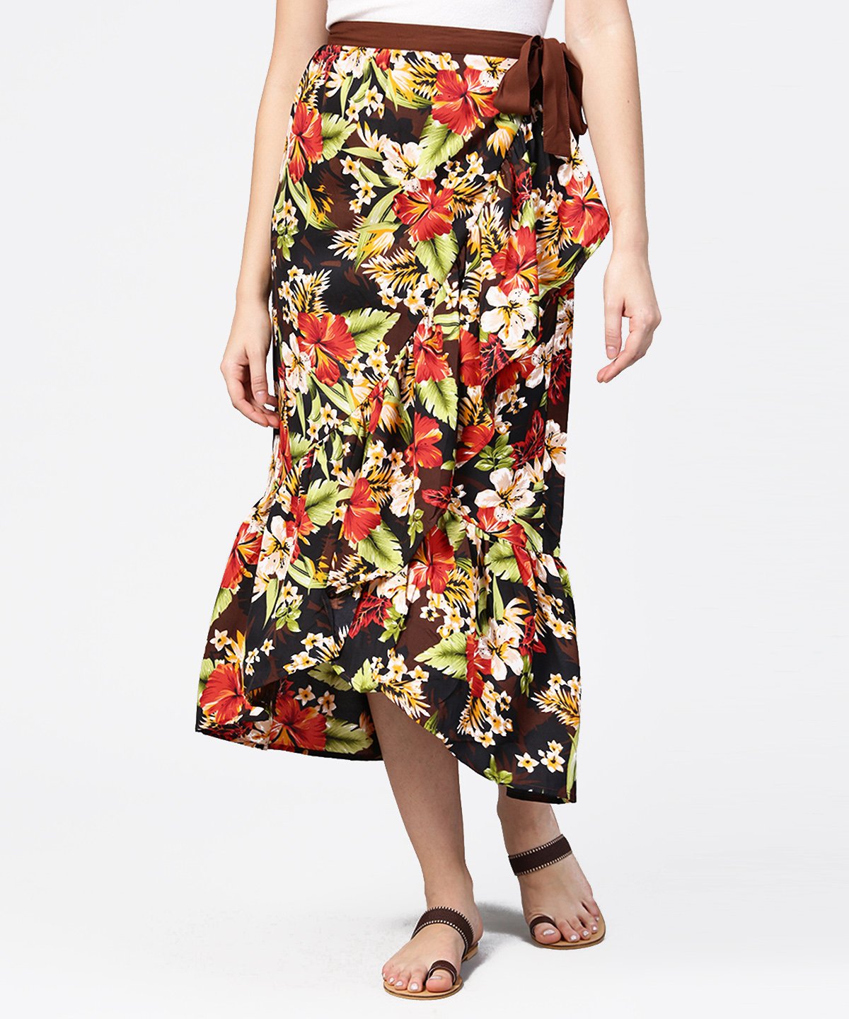Women's Multi Flower Printed Calf Length Skirt