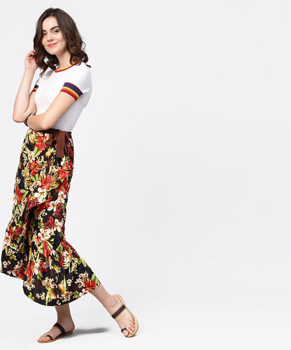 Women's Multi Flower Printed Calf Length Skirt