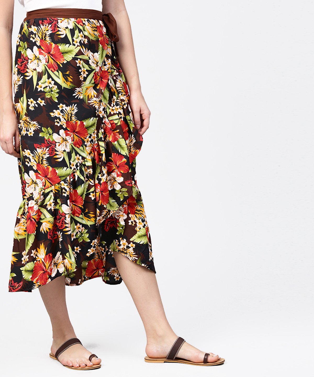 Women's Multi Flower Printed Calf Length Skirt